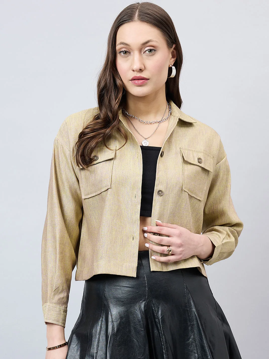 Style Quotient Women Solid Lime Green and Mauve Polycotton casual Shacket