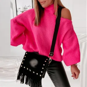 Women Turtleneck Lantern Sleeve Off Shoulder Hollow Knitted Sweater