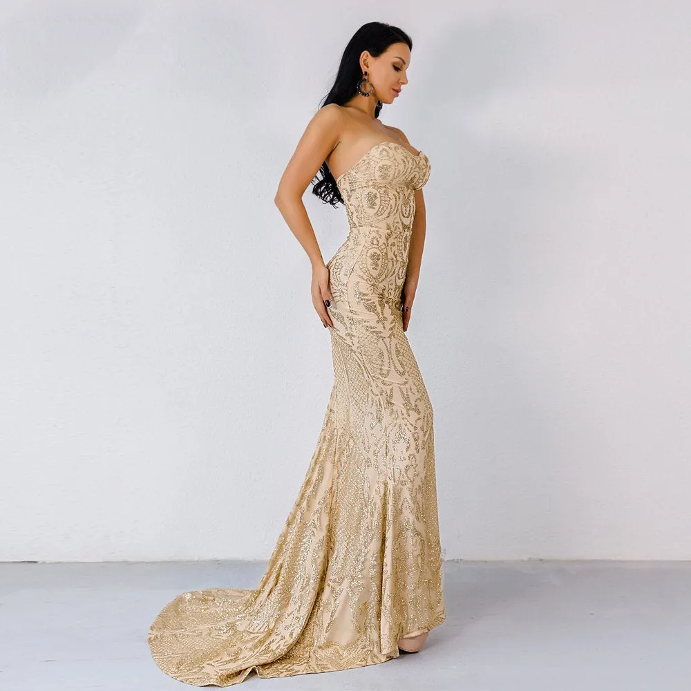 Women's Off-Shoulder Glitter Floor-Length Backless Dress