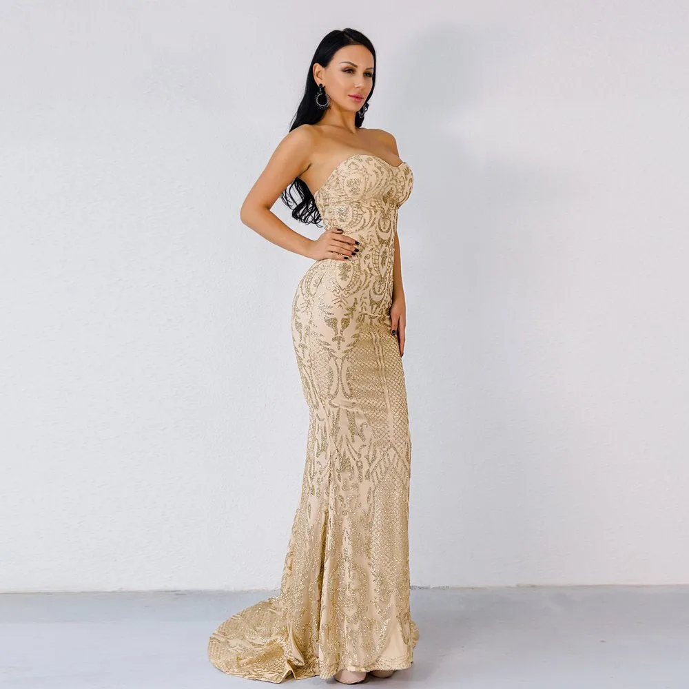 Women's Off-Shoulder Glitter Floor-Length Backless Dress