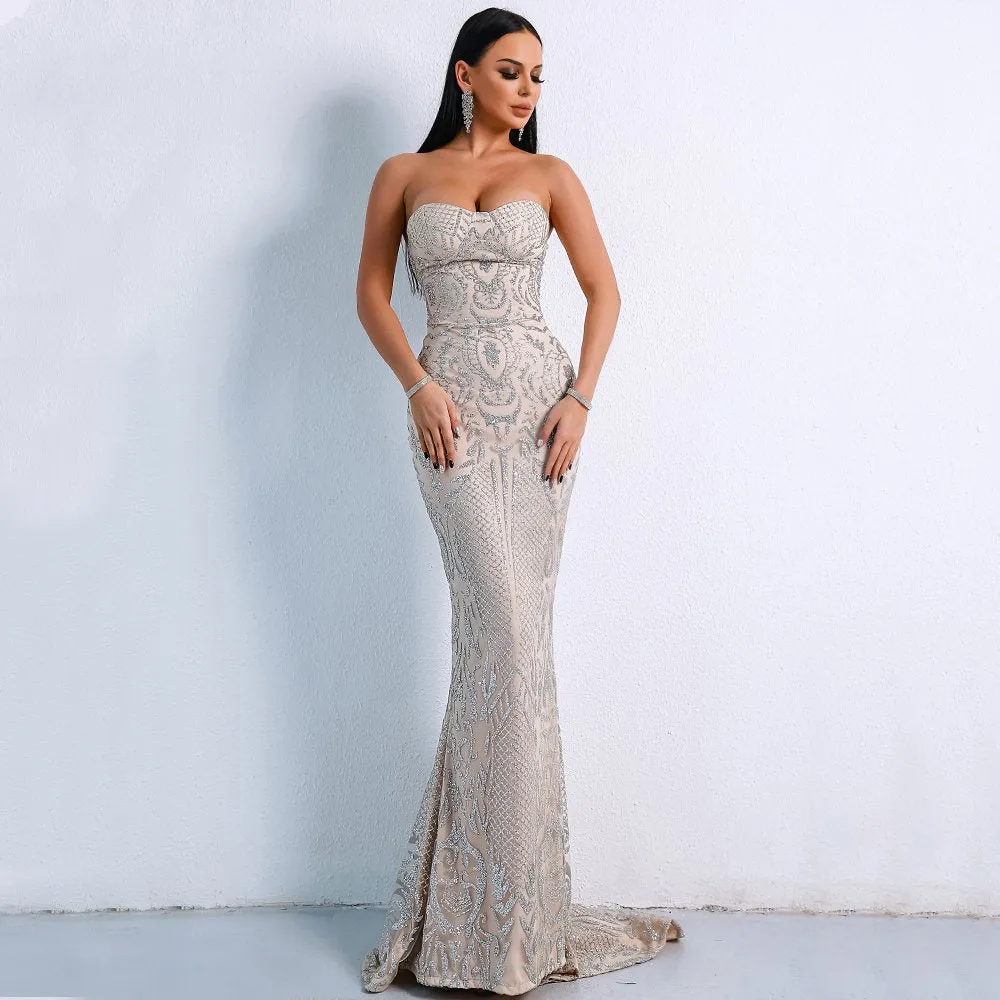 Women's Off-Shoulder Glitter Floor-Length Backless Dress