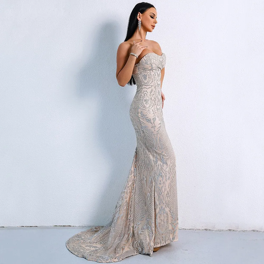 Women's Off-Shoulder Glitter Floor-Length Backless Dress