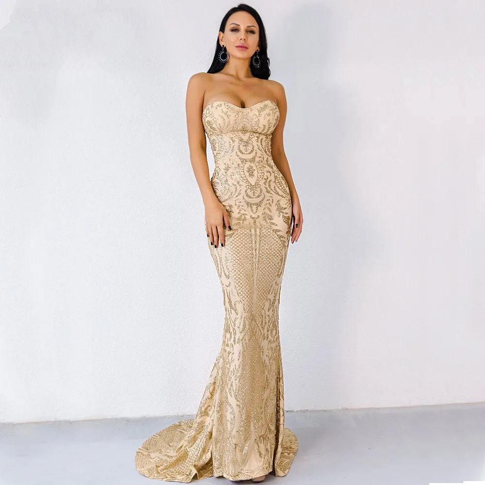Women's Off-Shoulder Glitter Floor-Length Backless Dress
