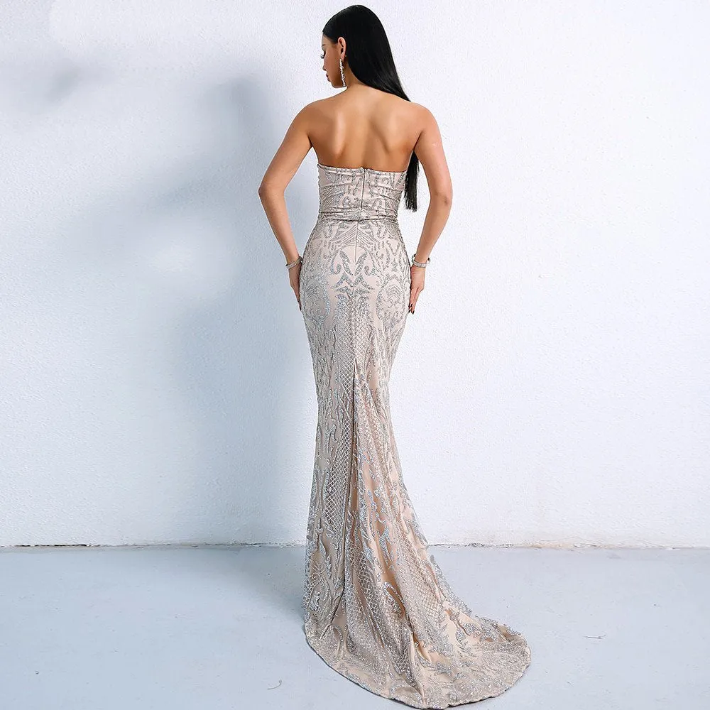 Women's Off-Shoulder Glitter Floor-Length Backless Dress