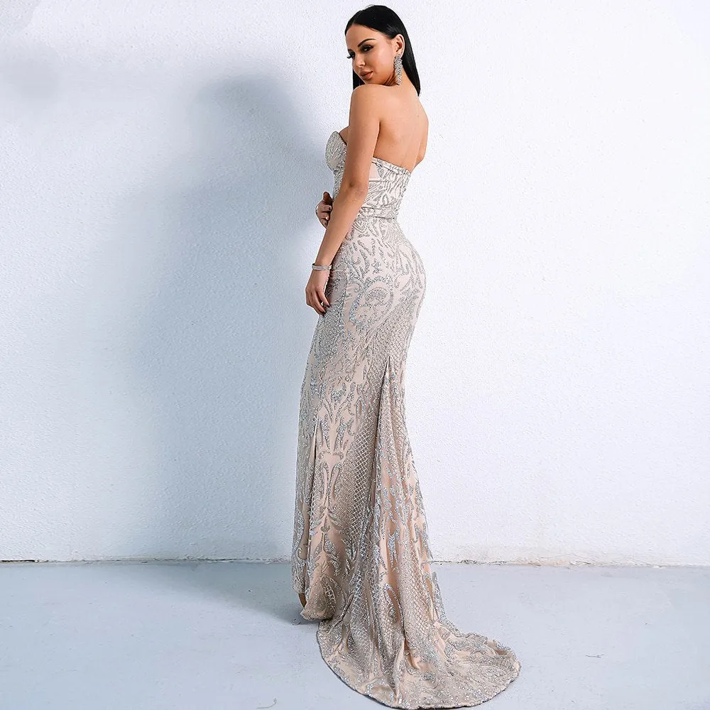 Women's Off-Shoulder Glitter Floor-Length Backless Dress