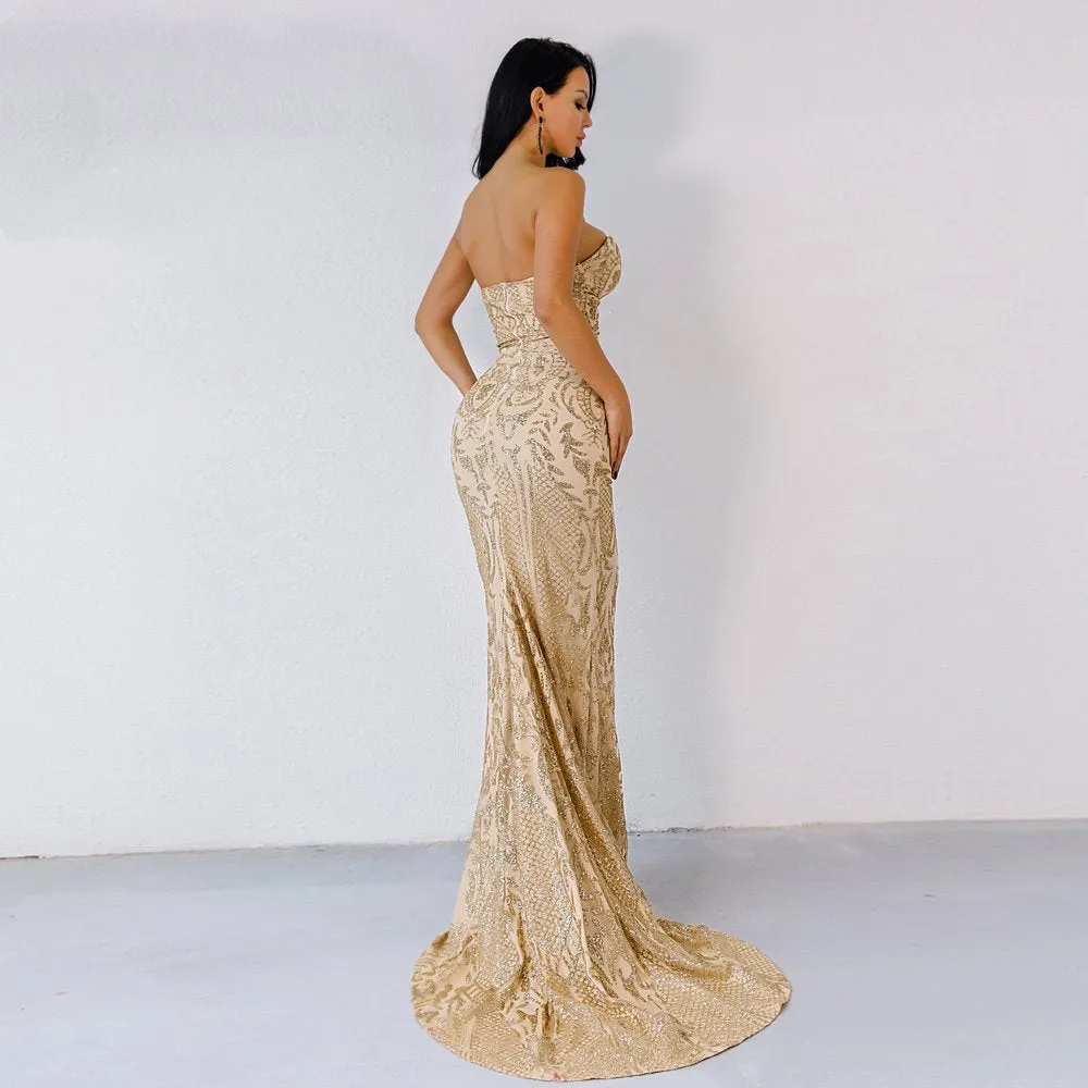 Women's Off-Shoulder Glitter Floor-Length Backless Dress