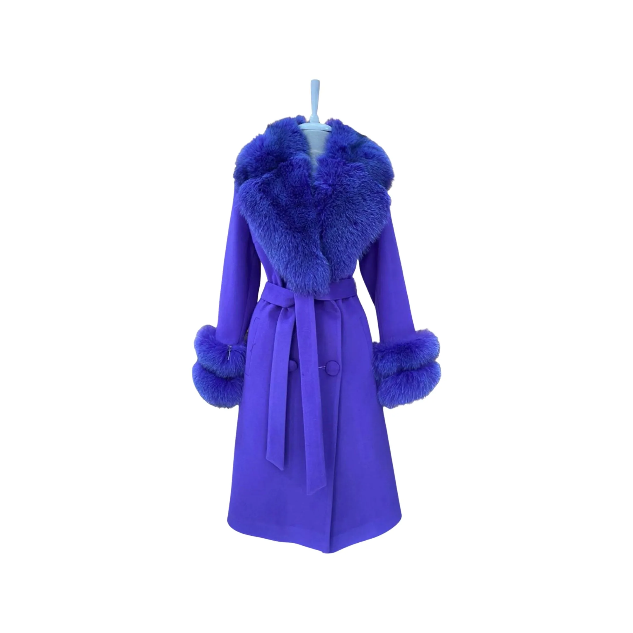 Women's PURPLE Wool Coat with detachable Fox Collar and Cuffs  Trimmed Hood Style # K-10