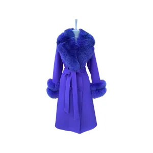 Women's PURPLE Wool Coat with detachable Fox Collar and Cuffs  Trimmed Hood Style # K-10