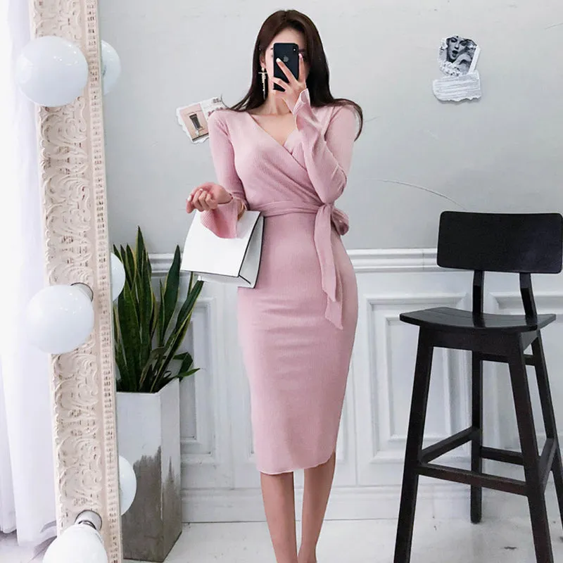 Women's Spring/Autumn Casual Sheath Polyester V-Neck Sweater Dress