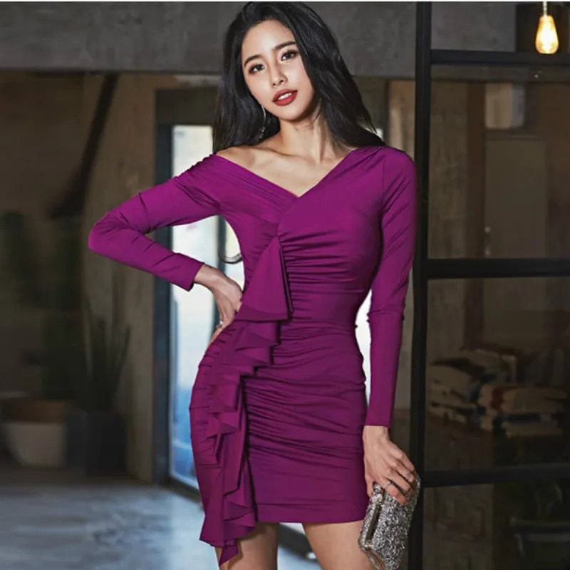 Women's Spring/Autumn V-Neck Sheath Mini Dress With Ruffles