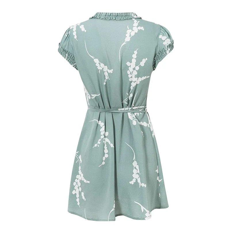 Women's Summer Casual V-Neck A-Line Ruffled Short Dress