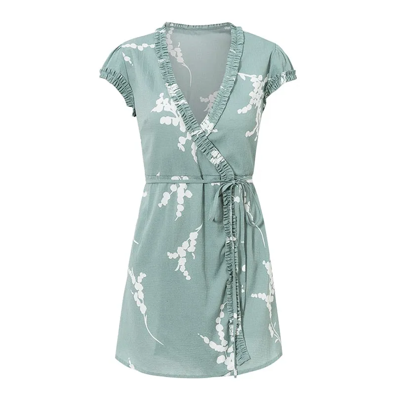 Women's Summer Casual V-Neck A-Line Ruffled Short Dress