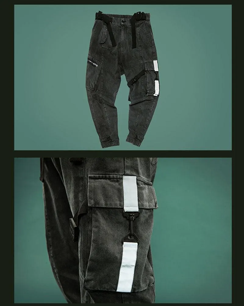XIPHEVIL Cyberpunk Reflective Unisex Denim Cargo Pants
