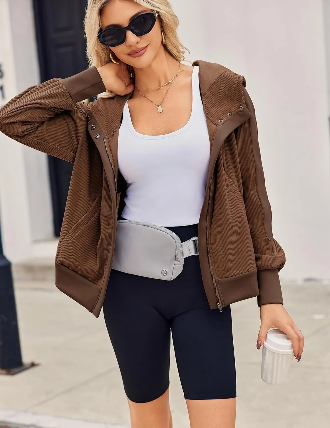 Zeagoo Womens Corduroy Knit Hoodies Zip Up Shirt Jacket