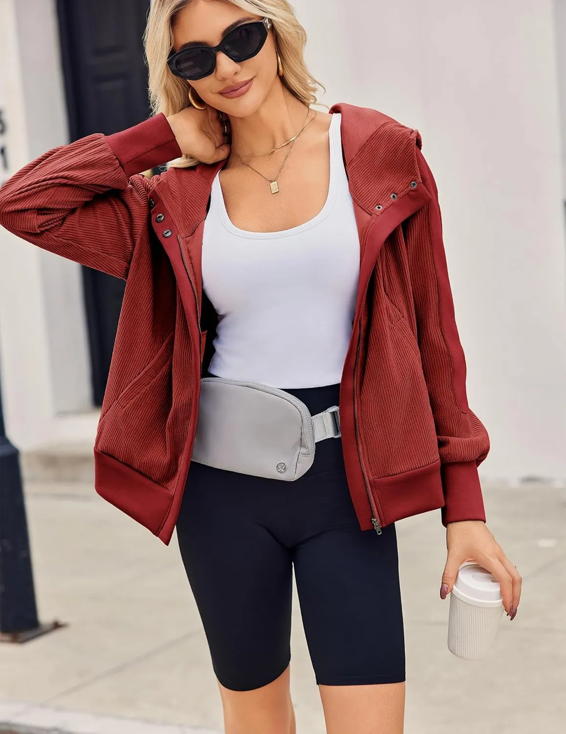 Zeagoo Womens Corduroy Knit Hoodies Zip Up Shirt Jacket