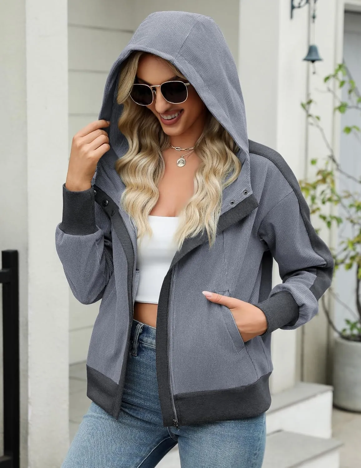 Zeagoo Womens Corduroy Knit Hoodies Zip Up Shirt Jacket