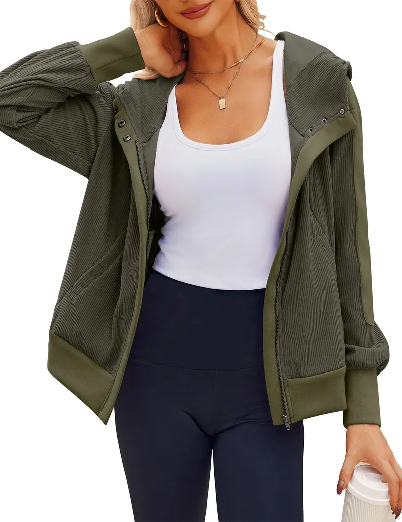 Zeagoo Womens Corduroy Knit Hoodies Zip Up Shirt Jacket