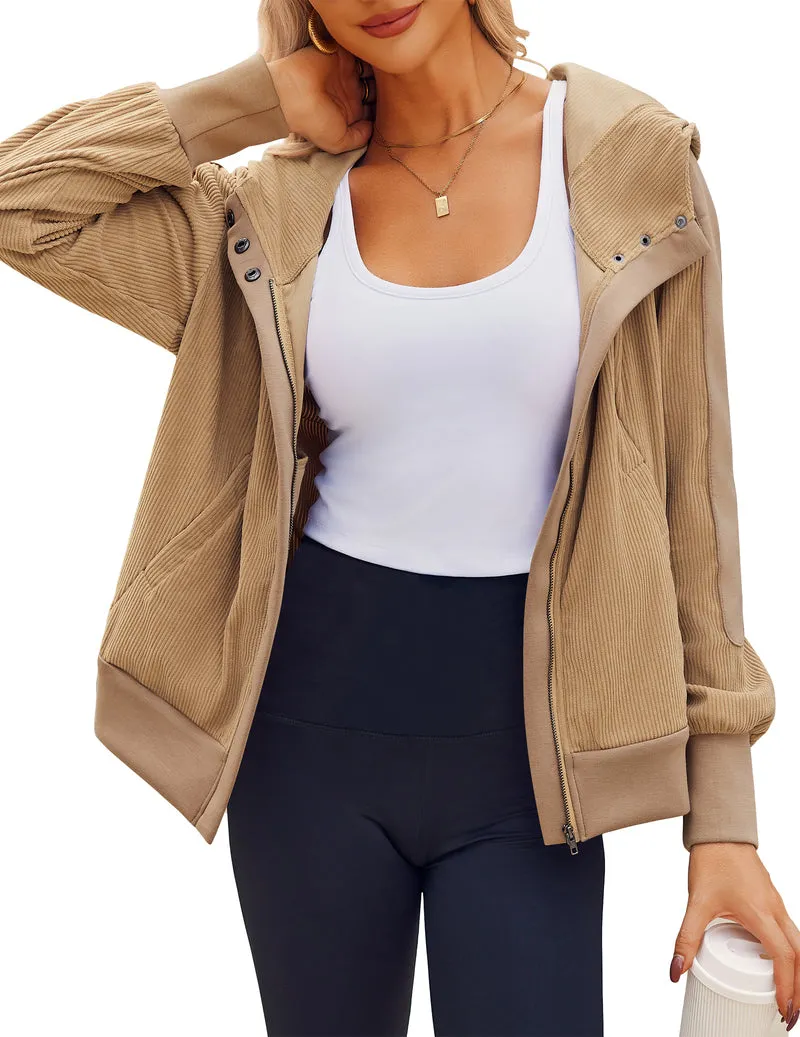 Zeagoo Womens Corduroy Knit Hoodies Zip Up Shirt Jacket