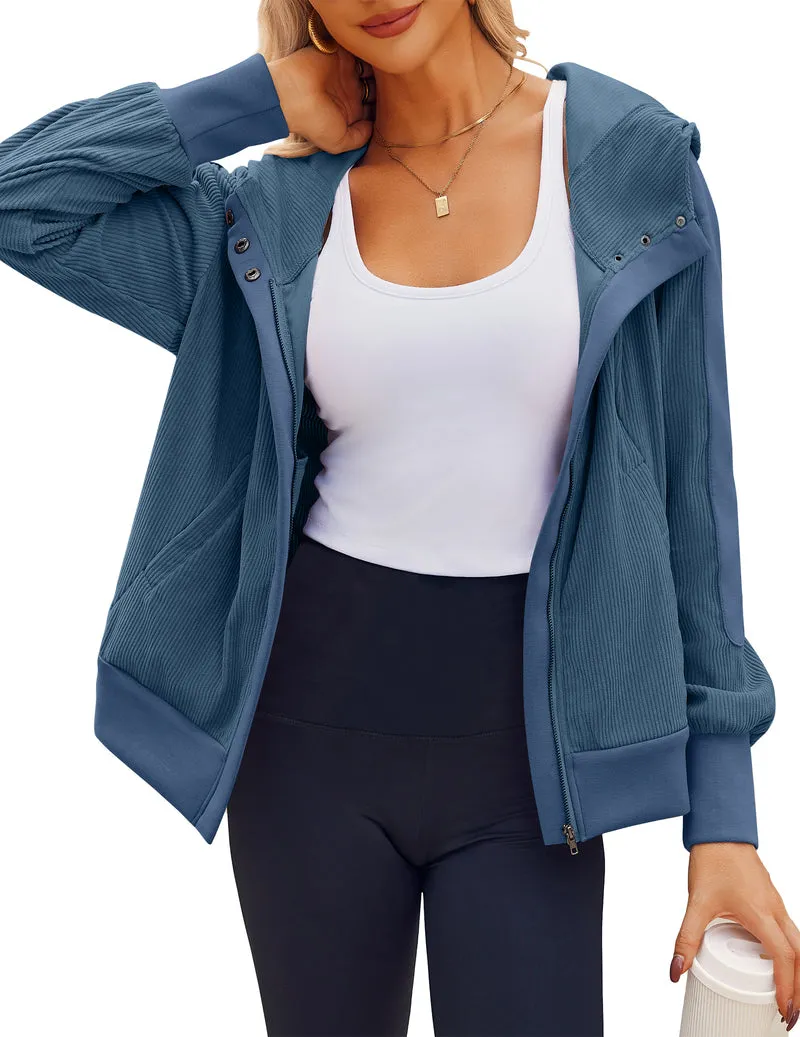 Zeagoo Womens Corduroy Knit Hoodies Zip Up Shirt Jacket
