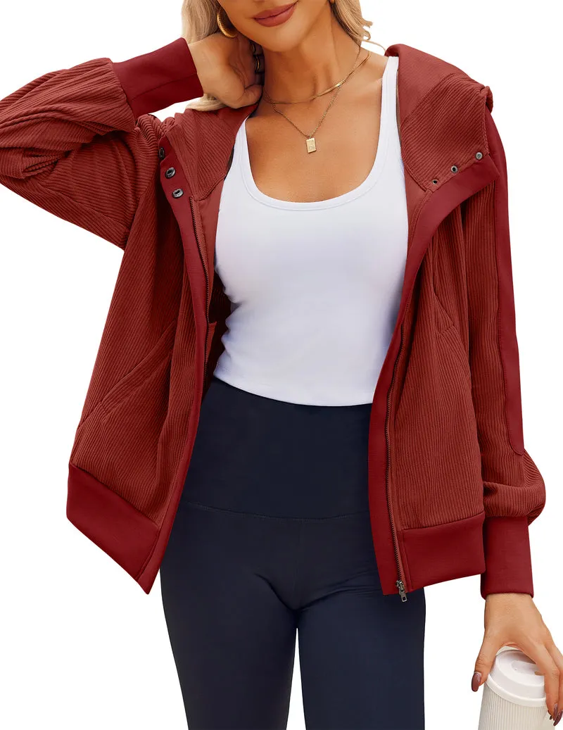 Zeagoo Womens Corduroy Knit Hoodies Zip Up Shirt Jacket